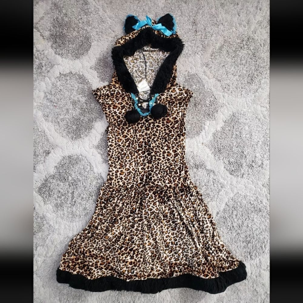 Girls Wild Lil Kitty‎ Leopard Dress Size L Halloween Costume Hood Ears Tail